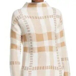 Plaid Sweater Top Slit Mock Cowl Neck